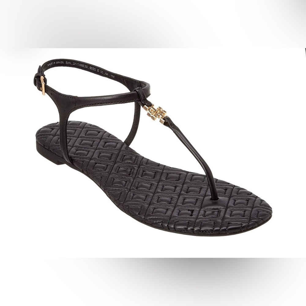 TORY BURCH Marion Quilted Black Leather T-Strap Gold Logo Sandals Size 7
